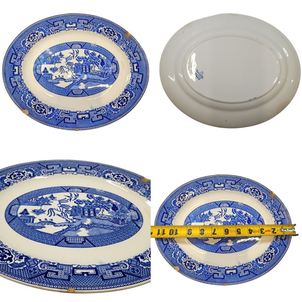 Antique J H W & Sons Hanley England Blue Willow Platter Chipped Cottage Core